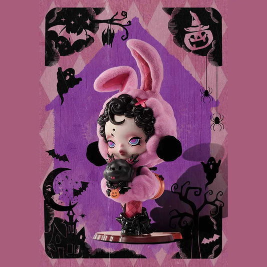 Pink bunny Skullpanda figure with Halloween backdrop