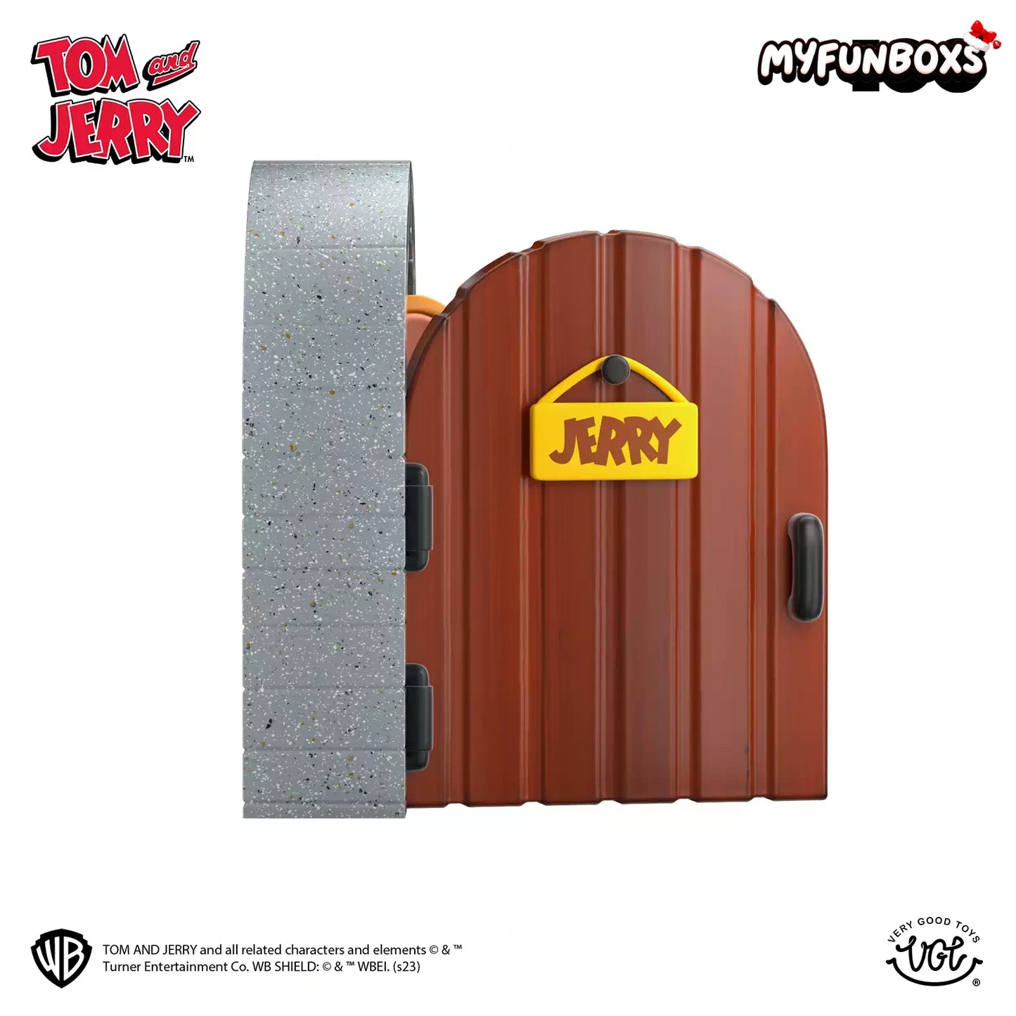 Tom and Jerry Jerry's house red wooden door with yellow 'JERRY' sign, stone wall adjacent