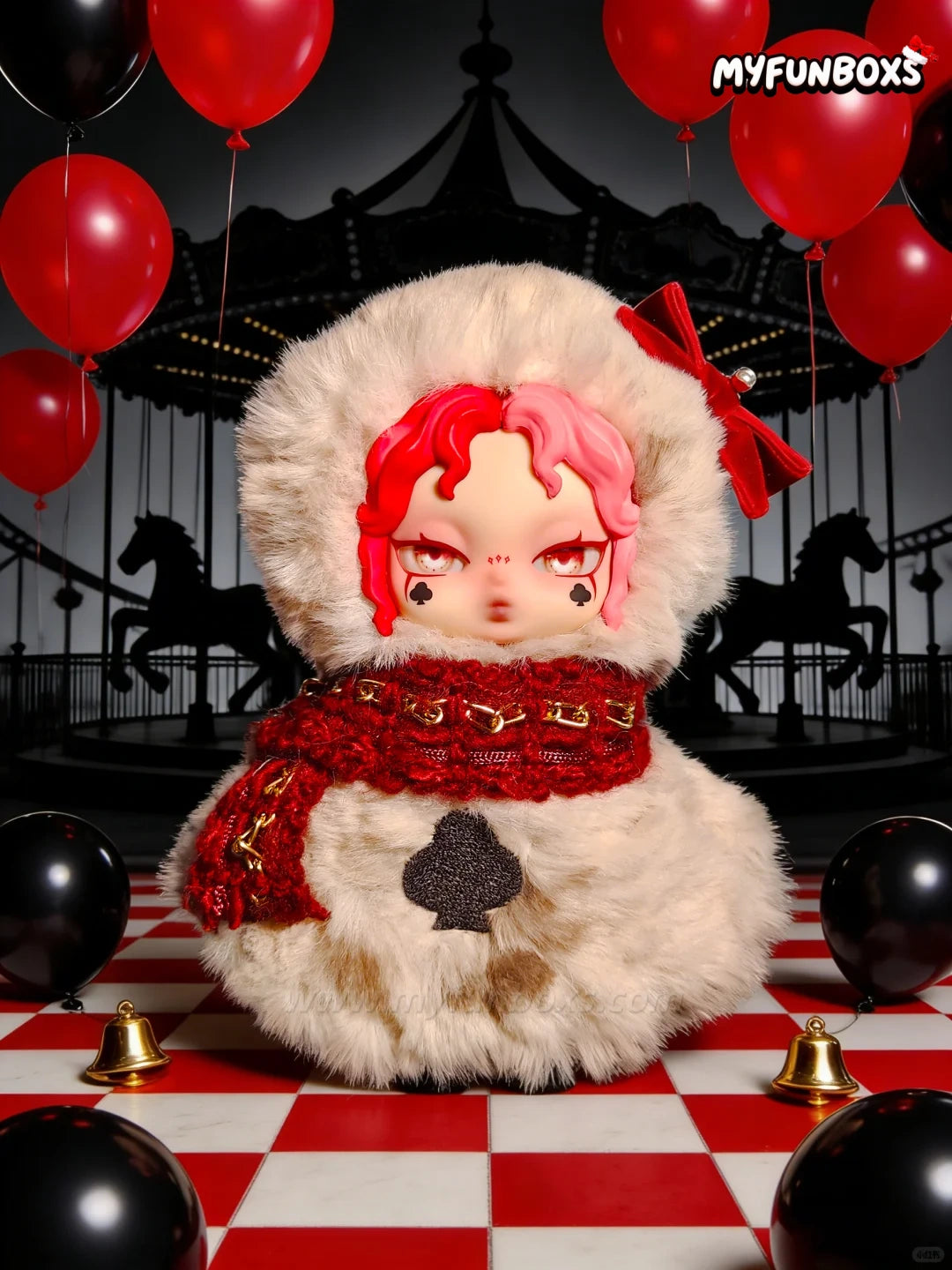 Alice Card Covenant plush blind box with white fur coat, pink/red hair, red scarf, spade symbol, carousel backdrop - Myfunboxs