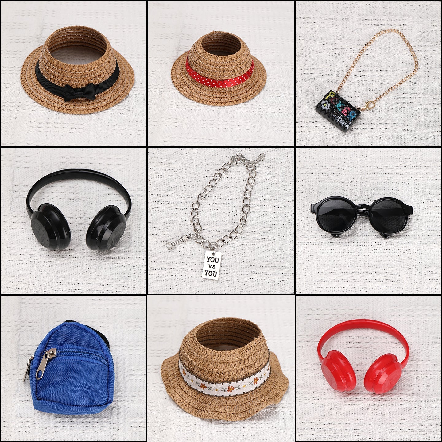 Labubu Doll Clothes - Straw Hat, Headphones, Necklace, Schoolbag, Handbag & Glasses Set