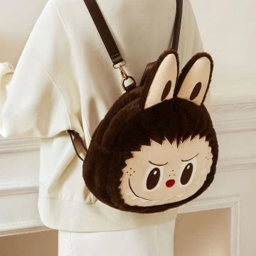 Cute brown plush character bag with bunny ears, red nose, shoulder strap