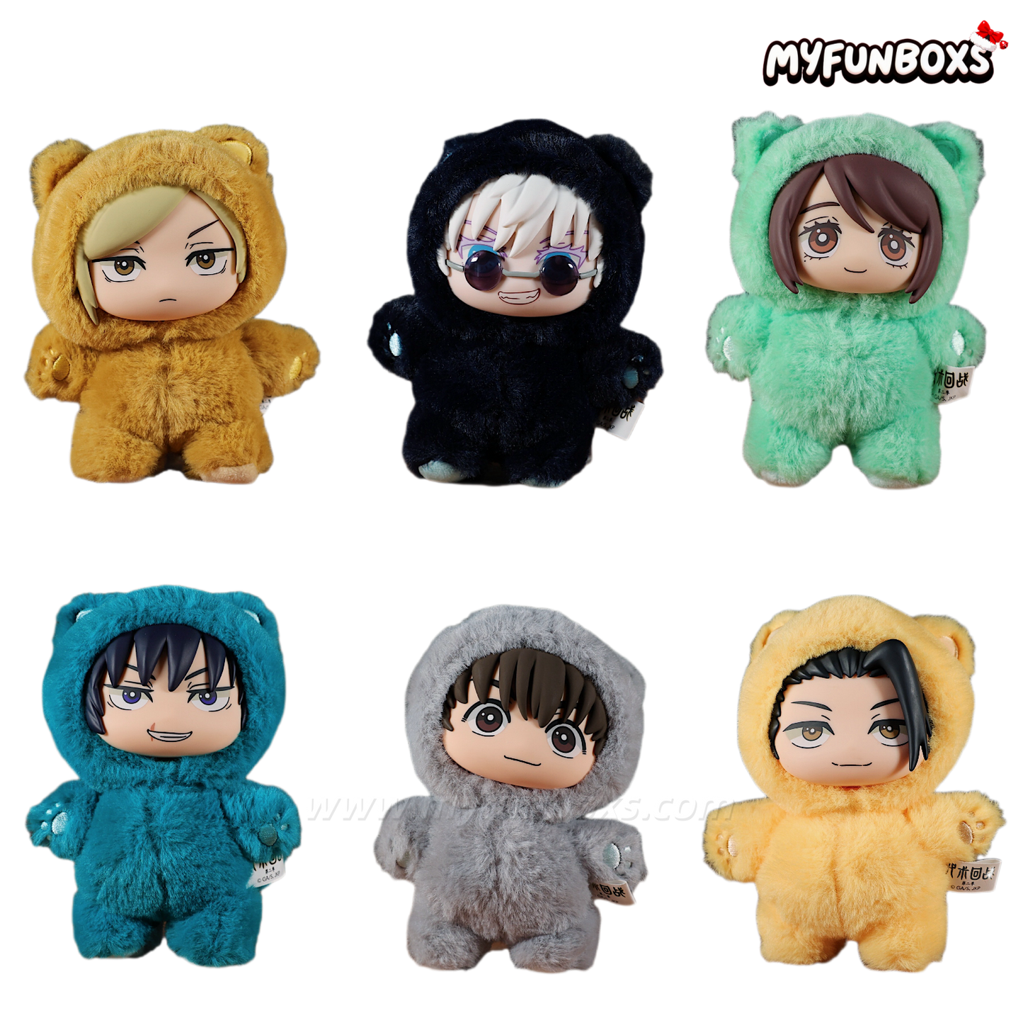 Jujutsu Kaisen cat ear plushie blind box set with colorful hooded plush toys