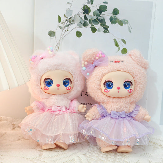 Doll Clothes for 16cm Plush - Pink Sequin Skirt & Bow Sling Set