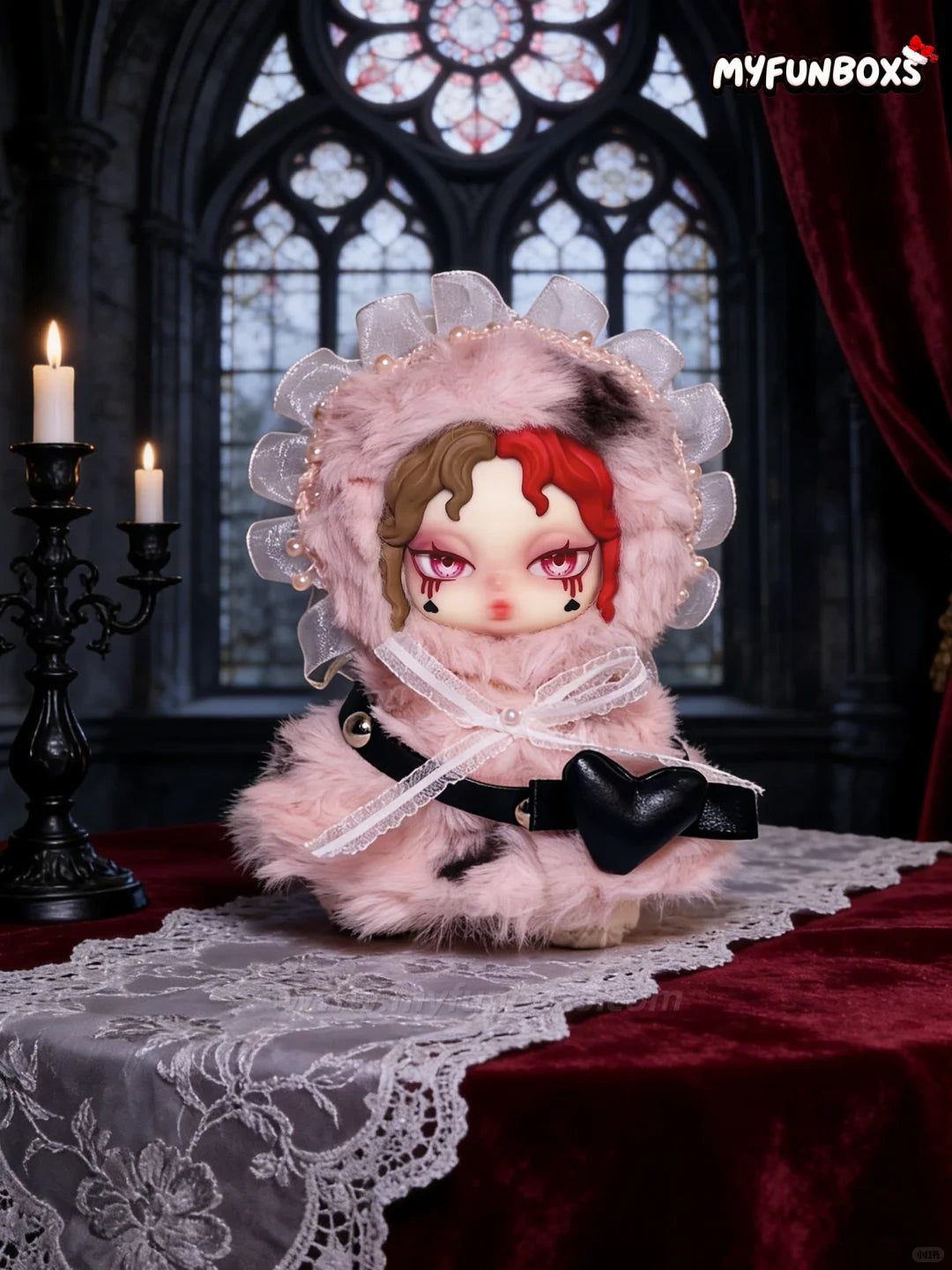 Pink fuzzy Alice Card Covenant plush blind box with lace and pearl accents