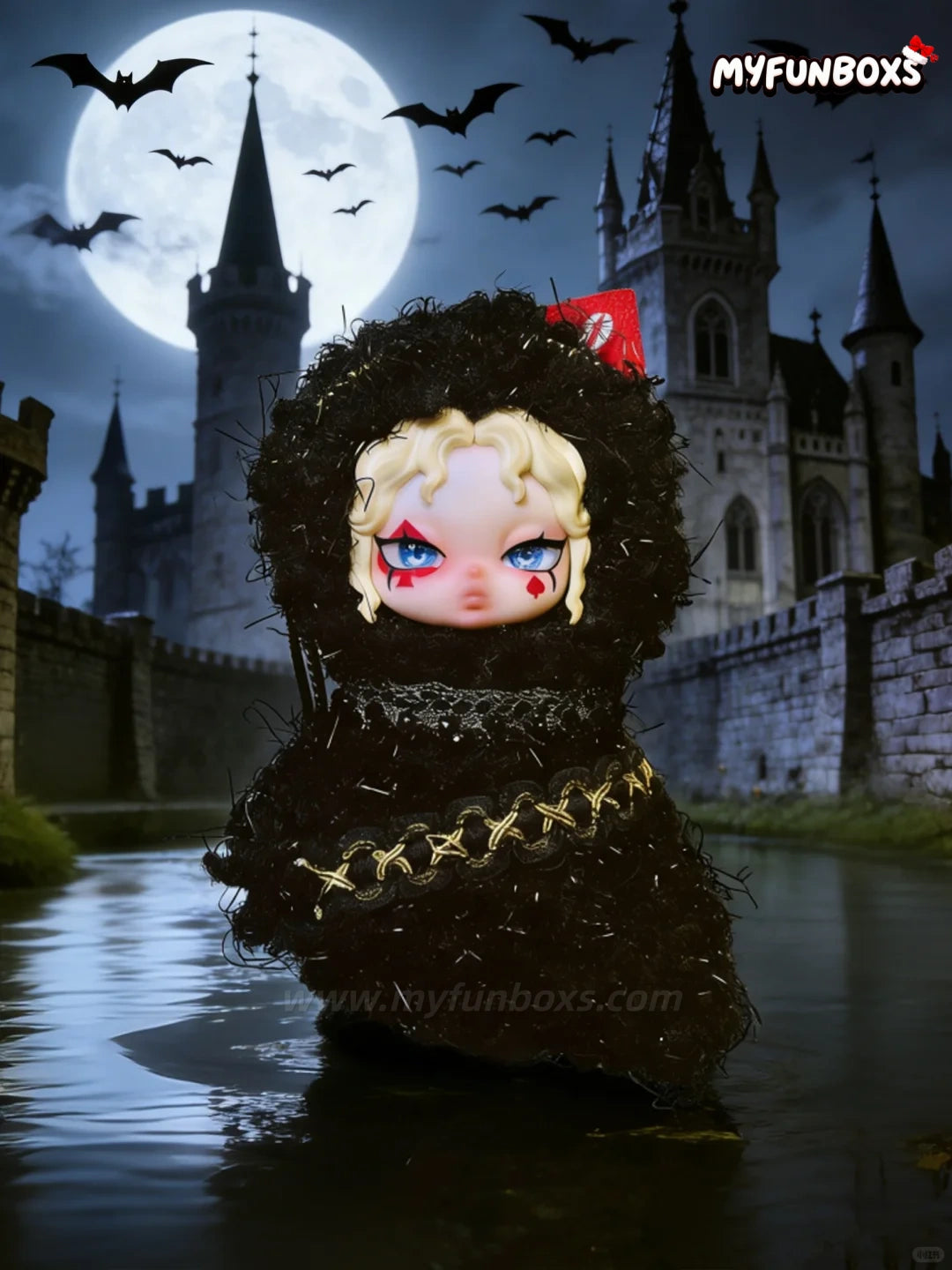 Black textured Alice Card Covenant plush blind box near castle with bats