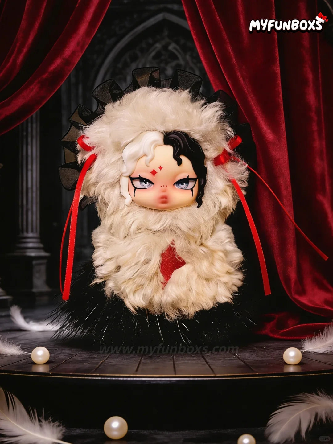 White fluffy Alice Card Covenant plush blind box with red ribbon accents