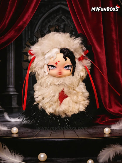 White fluffy Alice Card Covenant plush blind box with red ribbon accents