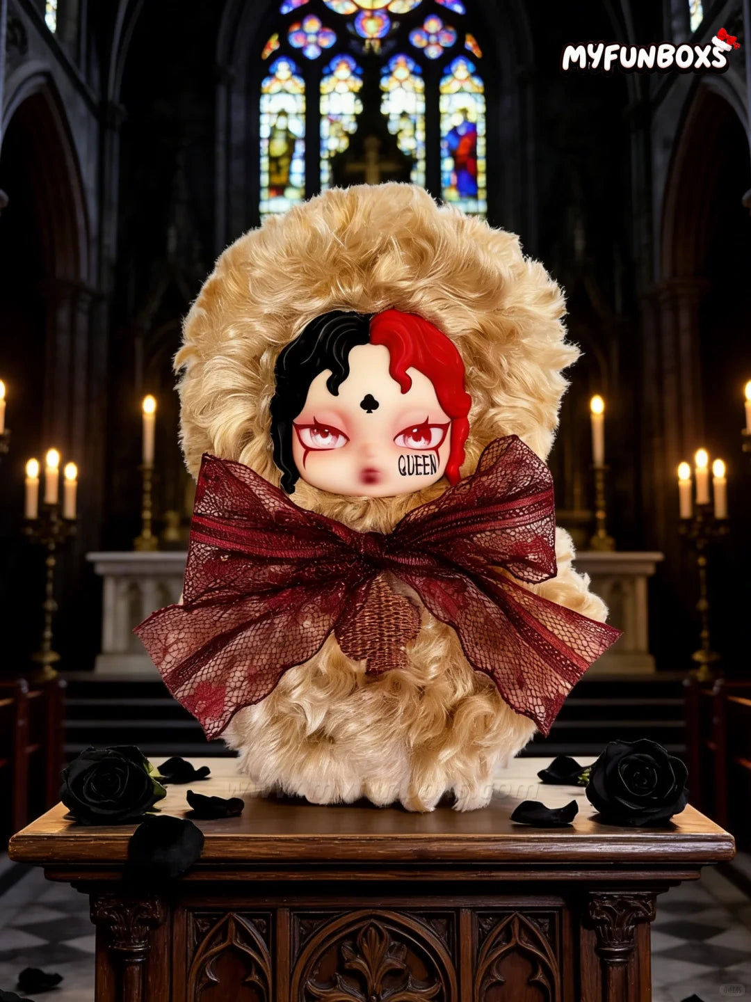 Alice Card Covenant plush blind box with tan fur hood, red/black hair, 'Queen' text, maroon bow, church backdrop - Myfunboxs