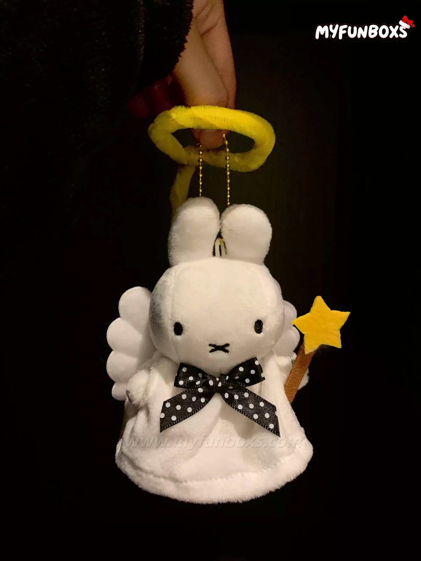 White plush angel Miffy bag charm with yellow halo and star wand