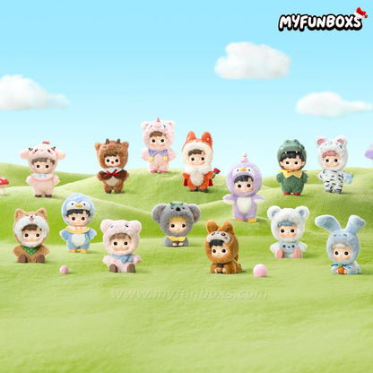 Collection of Hacipupu Snuggle With You figurines in animal costumes on green grassy hill