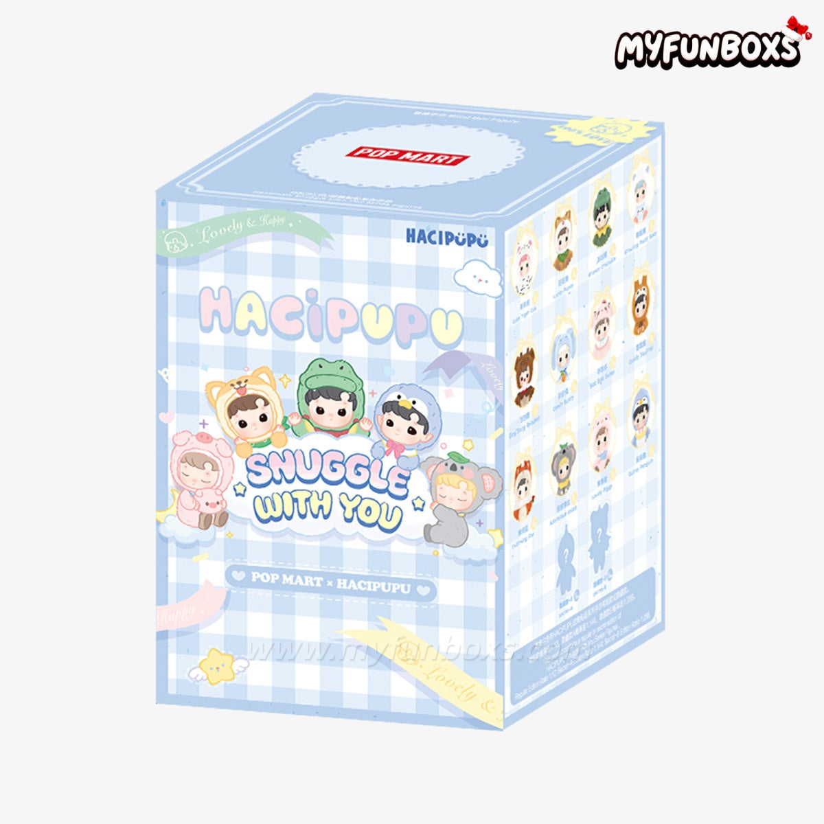 Hacipupu Snuggle With You blind box with character designs on blue packaging