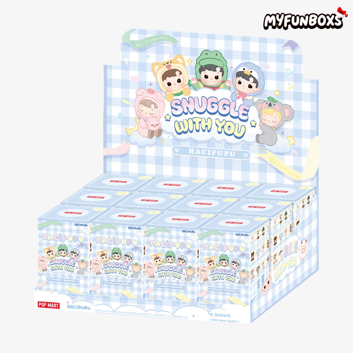 Hacipupu Snuggle With You blind box display with 12 collectible boxes