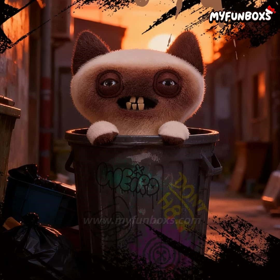 Brown and white fuzzy cat plush doll peeking out of graffiti-covered trash bin at sunset