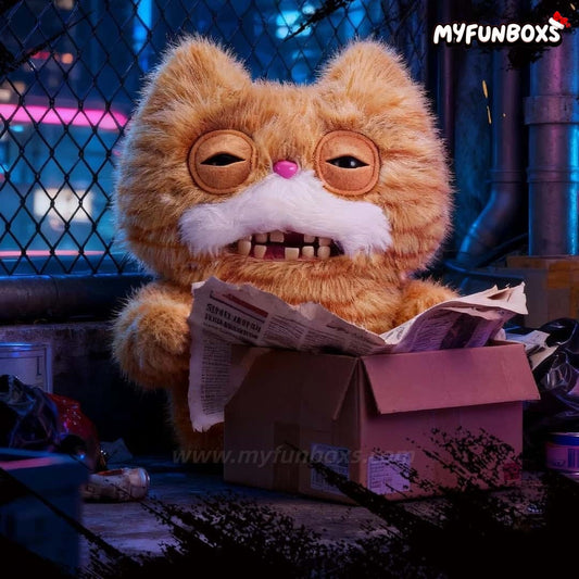 Myfunboxs Fuggler Alley Cat Series: Furry Fiends plush doll - Stinkface, orange cat plush with mustache reading newspaper in box