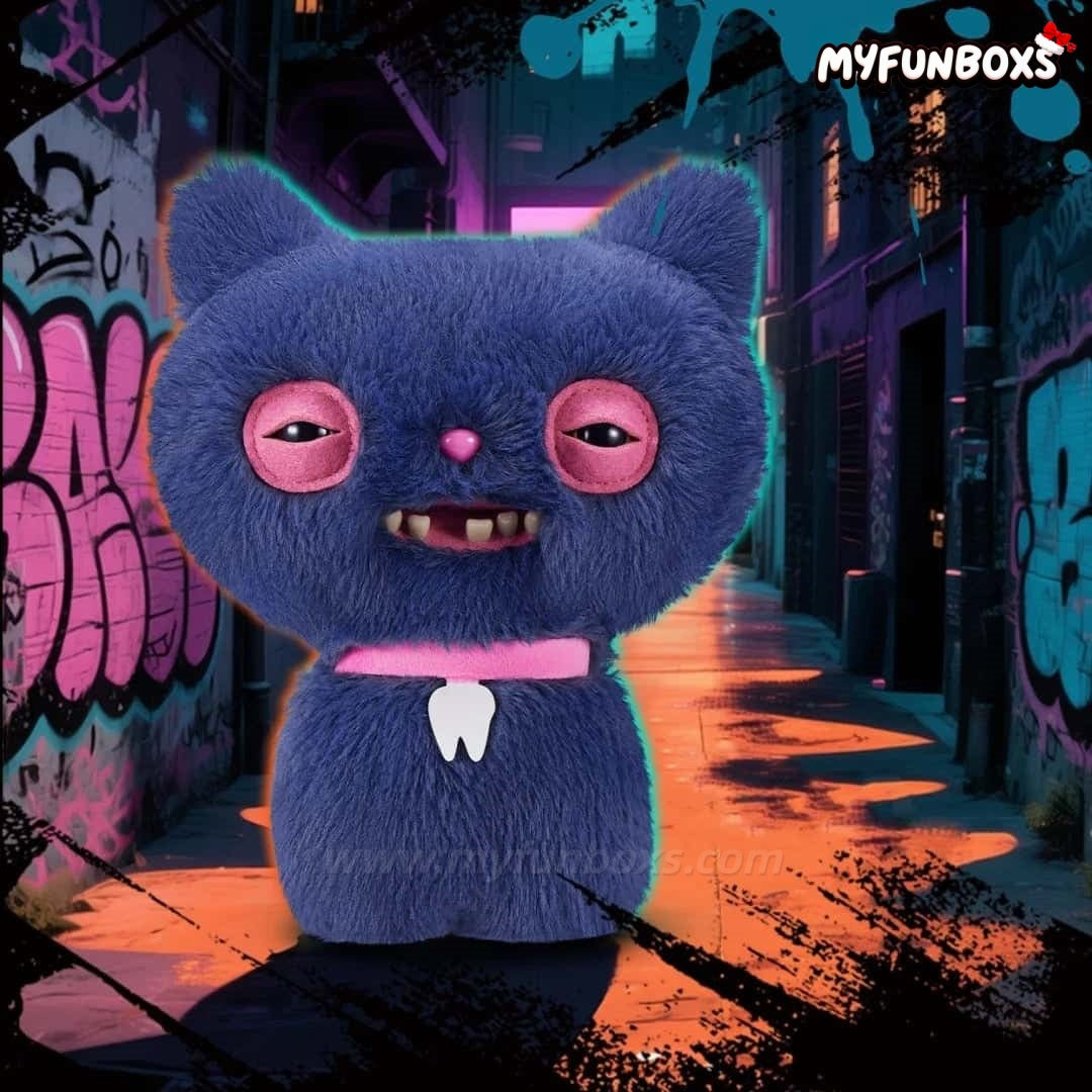 Myfunboxs Fuggler Alley Cat Series: Furry Fiends plush doll - Cheeze Blue, blue fuzzy cat with pink collar, tooth pendant, graffiti alley