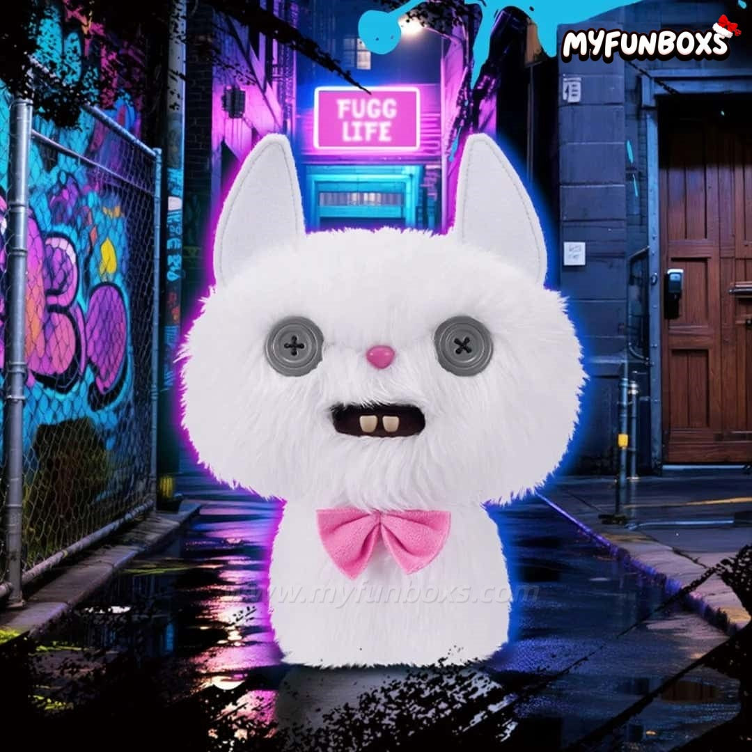 Myfunboxs Fuggler Alley Cat Series: Furry Fiends plush doll - CheezeWhite, white fuzzy cat with button eyes, pink bowtie, neon alley