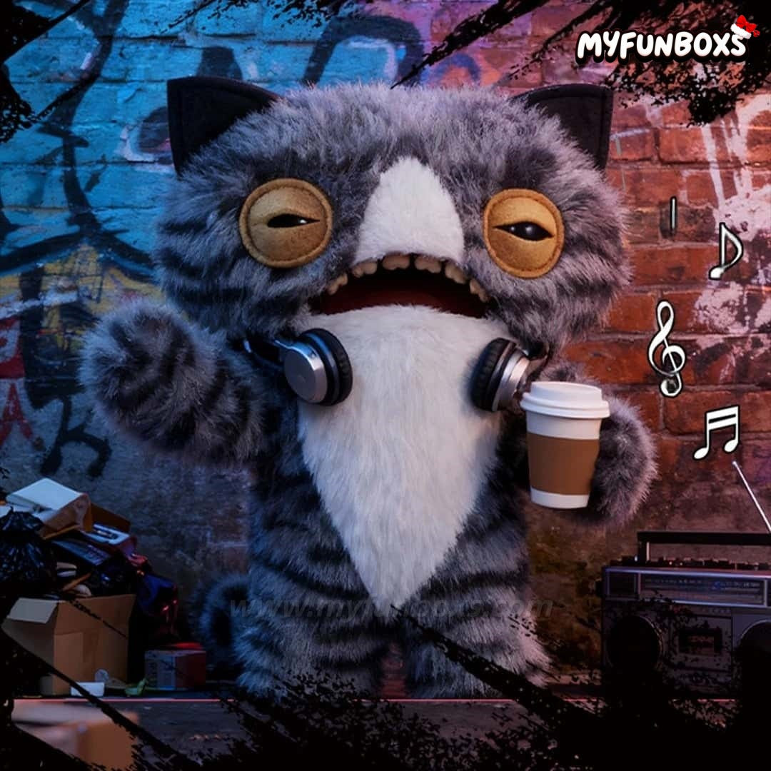 Myfunboxs Fuggler Alley Cat Series: Furry Fiends plush doll - Wide-eyed Cat, gray tabby cat plush with headphones, coffee cup, graffiti brick wall