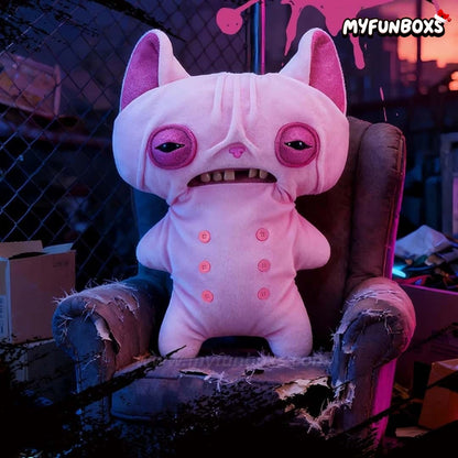 Myfunboxs Fuggler Alley Cat Series: Furry Fiends plush doll - Wrinkle McStinkles, pink plush cat with buttons sitting in worn chair