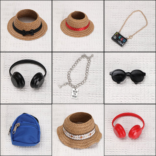 Labubu Doll Clothes - Straw Hat, Headphones, Necklace, Schoolbag, Handbag & Glasses Set